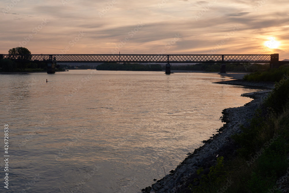 Fototapeta premium Silhouette einer Eisenbahnbrücke über den Rhein im Abendlicht