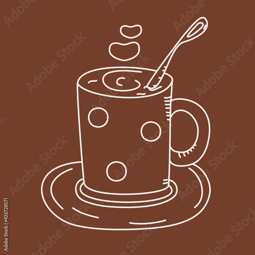 A mug with hot coffee, tea. On a saucer with a spoon. Doodle style on a brown background.Icon, logo, sign. Vector graphics background isolated.