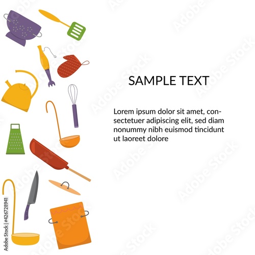 Banner with kitchen tools, kitchenware set. Vector stock illustration isolated on white background for web site online cooking course, class certificate, diploma. EPS10