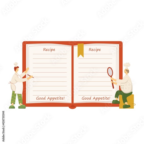 Cook chef with recipe book, hat, uniform from professional kitchen restaurant. Vector stock illustration isolated on white background for notebook, poster, online cooking course, class certificate.