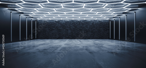 Fototapeta Naklejka Na Ścianę i Meble -  Sci Fi Futuristic Garage Hangar Studio Modern Hexagon White Neon Blue Lights Glowing Concrete Cement Showroom Underground Tunnel Corridor Background 3D Rendering