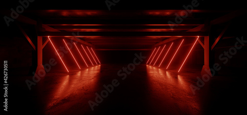Fototapeta Naklejka Na Ścianę i Meble -  Dark Laser Neon Red Tunnel Corridor Line Lights Glowing On Warehouse Concrete Asphalt Hangar Underground Showroom Metal Structures Empty Background 3D Rendering