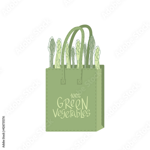100 green vegetables sign on eco shopping paper bag with asparagus flat illustration. Zero waste, bio market, recycle concept. Vector stock illustration isolated on white background. EPS10