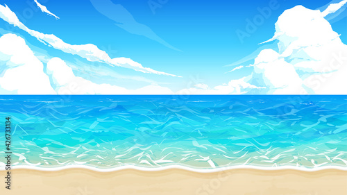 海と砂浜と空の風景イラスト_16:9