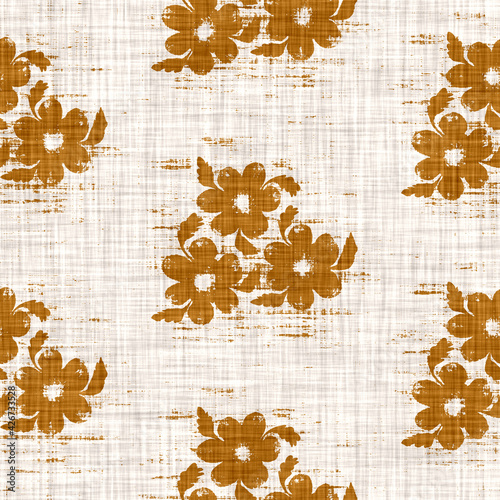 Watercolor orange flower motif background. Hand painted earthy whimsical seamless pattern. Modern floral linen textile for spring summer home. Decorative scandi style colorful nature all over print