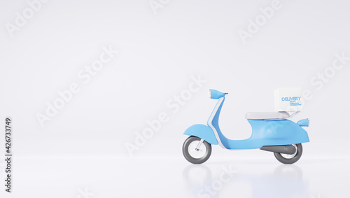 Delivery motorcycle scooter home and office shipping concept. service express trunking on soft white background. copy space for text, banner, 3D rendering