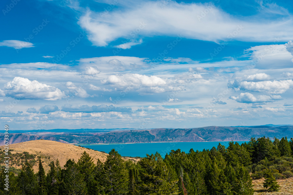 Over looking green pine trees at bright blue lake below under blue sky with white fluffy clouds. Over looking green pine trees at bright blue lake below under blue sky with white fluffy clouds.