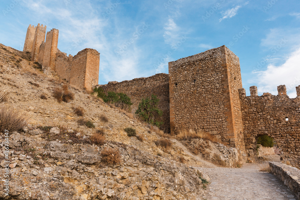 medieval castle wall of Albarracin, Aragon, Spain, sunny day