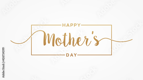 Happy Mother's Day lettering hand drawn calligraphy gold text with square line frame isolated on white background. Flat vector illustration usable for web banners, posters and greeting cards.