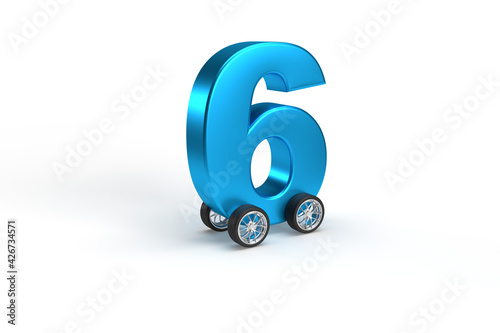 The number 6 on wheels as a car in blue on an isolated background. photo