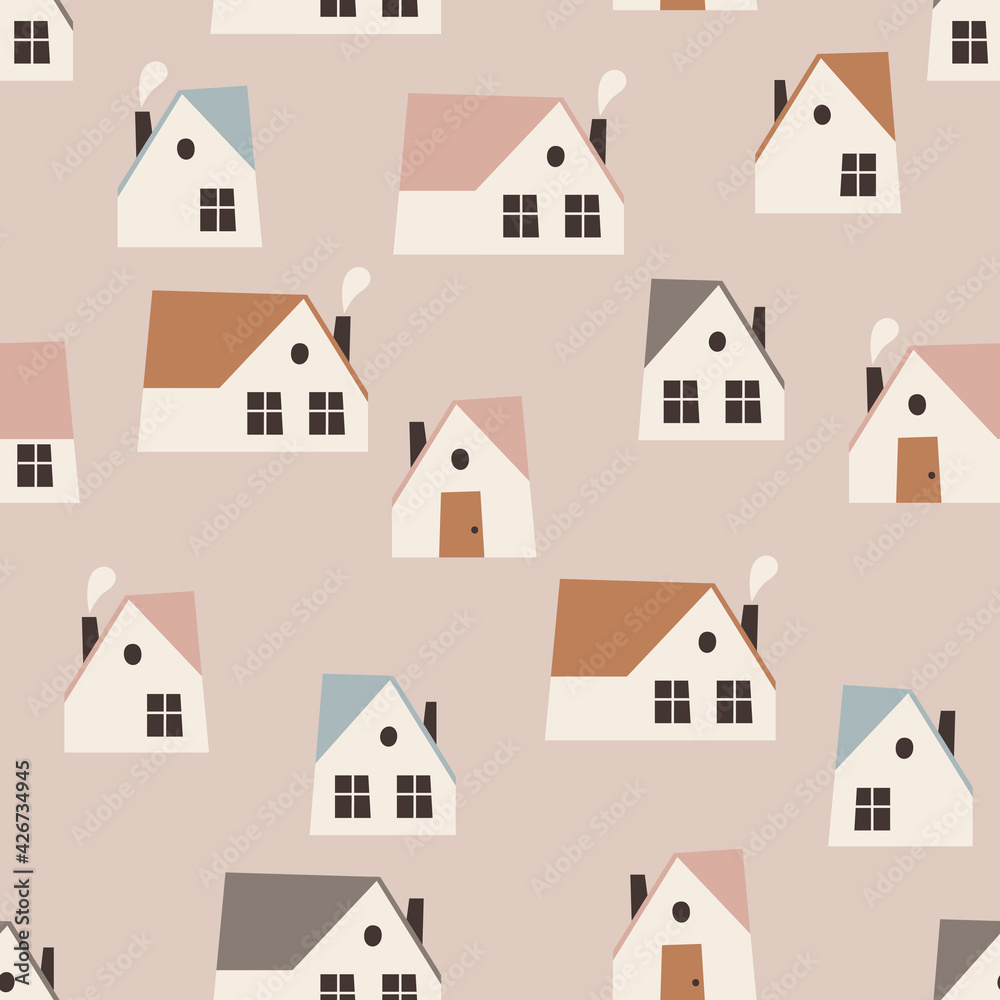Seamless vector pattern with cute country houses. Vector cabins with colorful roofs on the grey background. Seamless pattern for wrapping paper and textile.
