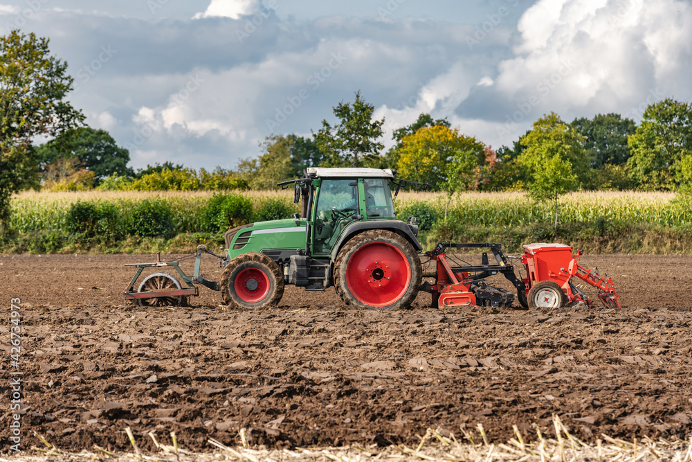 Tractor with power harrow and seed drill in the field | 4190 Tractor with power harrow and seed drill in the field | 4190