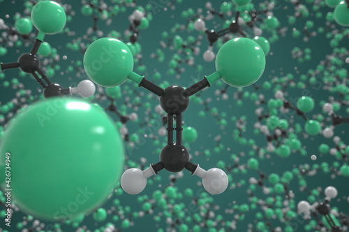 Vinylidene chloride molecule, scientific molecular model, 3d rendering photo