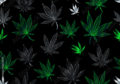 Vector Seamless Metalic Silver and Neon Green Marihuana Pattern.Hand drawn weed, medical cannabis background for surface design, packaging, fabrics, wrapping paper, prints and banners