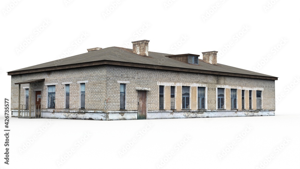 Old building render on a white background. 3D rendering