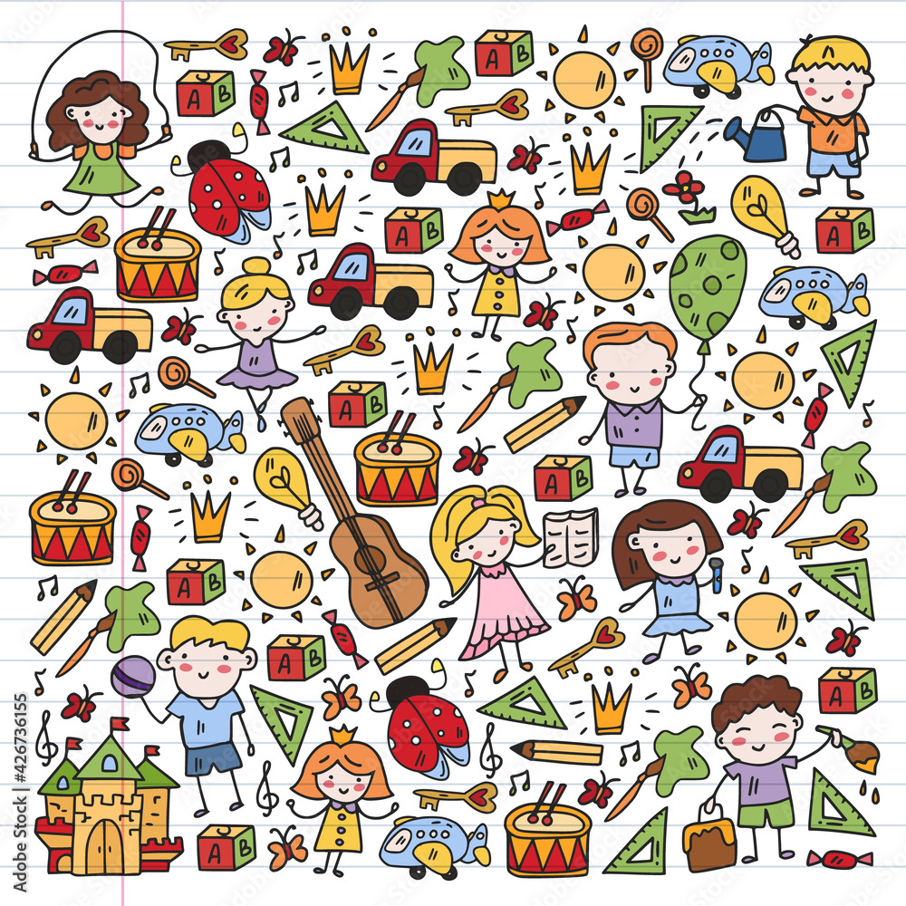 School, kindergarten with cute vector children. Creativity and imagination. Dancing, singing, painting, online education. School, kindergarten with cute vector children. Creativity and imagination. Dancing, singing, painting, online education.