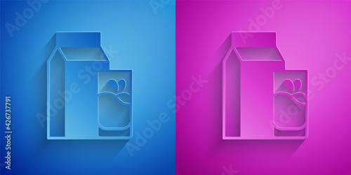 Paper cut Paper package for kefir and glass icon isolated on blue and purple background. Dieting food for healthy lifestyle and probiotics fulfillment. Paper art style. Vector