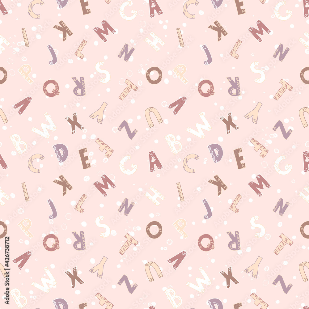 Hand drawn seamless pattern ABC latin alphabet. Cute english typography font, letters in scandinavian style, colorful doodle sketch vector illustration. Educational lettering set with dots and lines