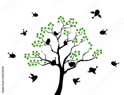 Elegant tree with flying birds silhouettes