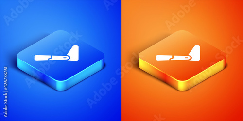 Isometric Prosthesis leg icon isolated on blue and orange background. Futuristic concept of bionic leg, robotic mechanical leg. Square button. Vector