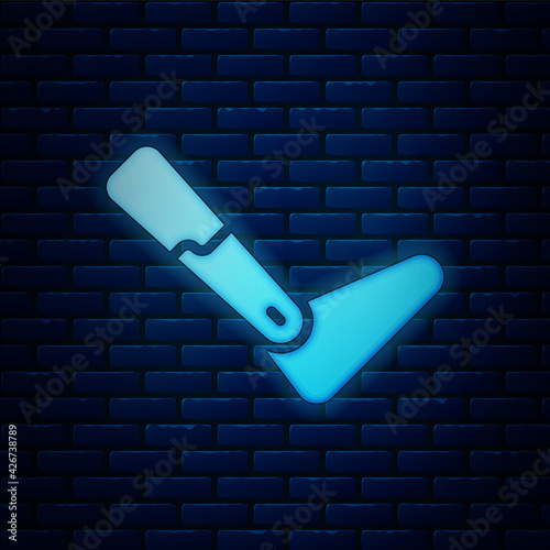 Glowing neon Prosthesis leg icon isolated on brick wall background. Futuristic concept of bionic leg, robotic mechanical leg. Vector