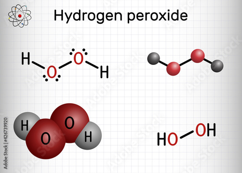 Hydrogen Peroxide, perhydrol, H2O2 molecule. It is peroxide, oxidizing agent with disinfectant, antiviral, anti-bacterial activities. Sheet of paper in a cage.