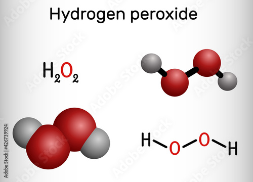 Hydrogen Peroxide, perhydrol, H2O2 molecule. It is peroxide, oxidizing agent with disinfectant, antiviral, anti-bacterial activities. Structural chemical formula, molecule model