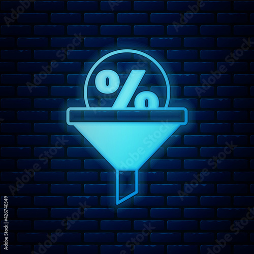 Glowing neon Lead management icon isolated on brick wall background. Funnel with discount percent. Target client business concept. Vector