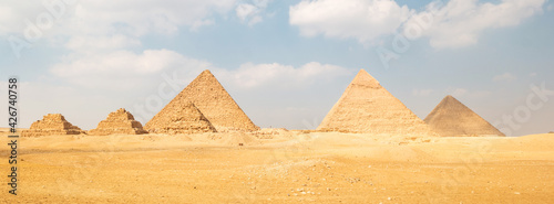 Panoramic view of Great Egyptian pyramids in Giza, Egypt