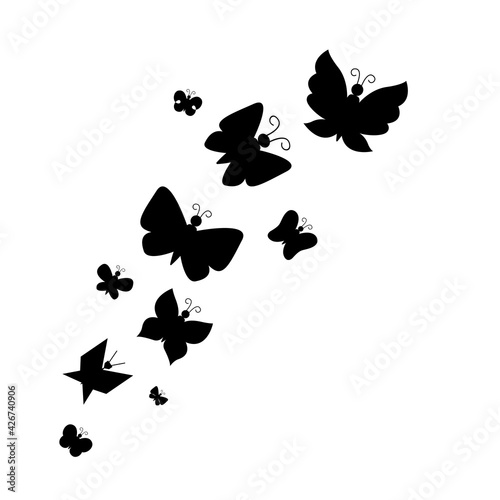 Black butterfly illustration. Isolated black silhouette of butterflies on a white background. 
