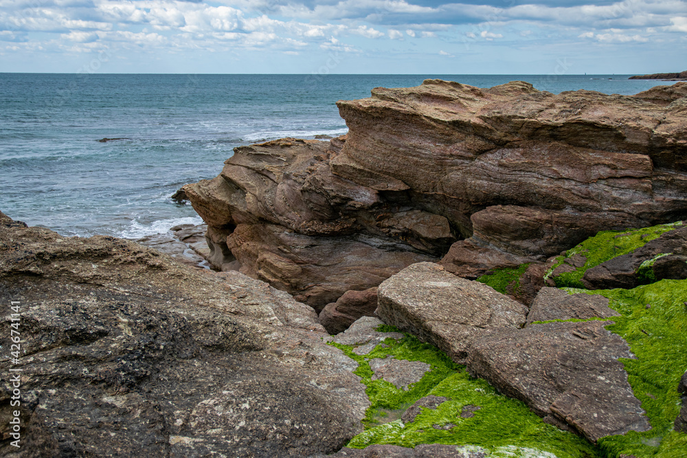 Vendée, France; April 6, 2021: Rocks of La Sauzaie commune of Bretignolles sur Mer.