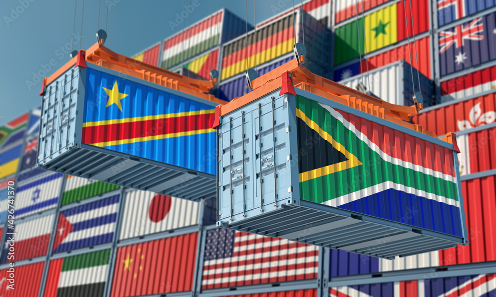 Freight containers with Democratic Republic of the Kongo and South Africa national flags. 3D Rendering 