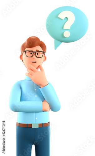 Wallpaper Mural 3D illustration of thinking man with question mark in speech bubble. Cartoon pensive businessman solving problems, feeling doubt or hesitation. Searching and finding a solution concept. Torontodigital.ca
