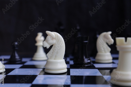 Game of chess. Chess is photographed on a chessboard. Table games. Strategy games. Creative minimal concept. Strategy, management or leadership concept. Business success concept.