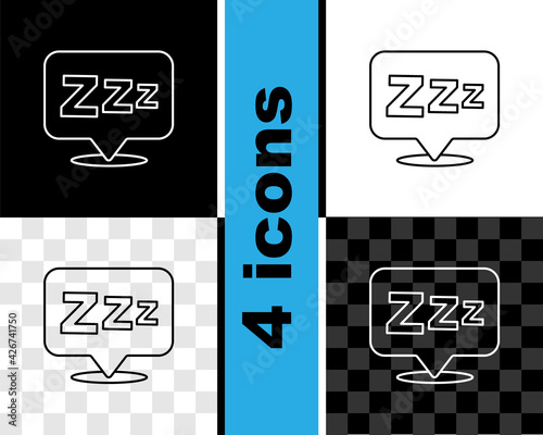 Set line Sleepy icon isolated on black and white, transparent background. Sleepy zzz black talk bubble. Vector
