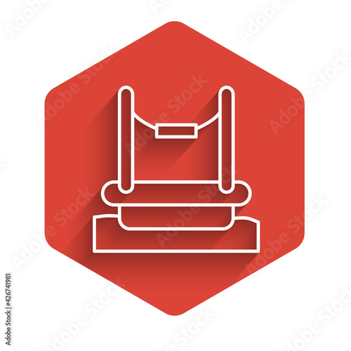 White line Bungee trampoline attraction with metal ladder icon isolated with long shadow. Red hexagon button. Vector