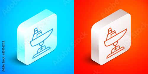 Isometric line Swing boat on the playground icon isolated on blue and red background. Childrens carousel with boat. Amusement icon. Silver square button. Vector