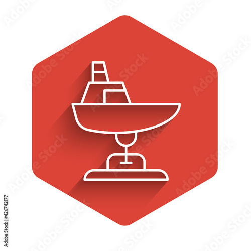 White line Swing boat on the playground icon isolated with long shadow. Childrens carousel with boat. Amusement icon. Red hexagon button. Vector