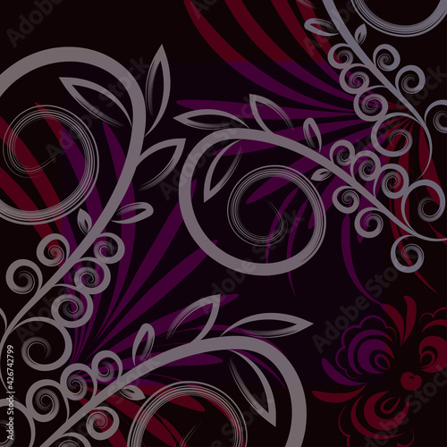 Vector floral pattern with decorative leaves and pink abstract curls on dark background for textile design, fabric, scarves, shawl, hijab, squared pattern