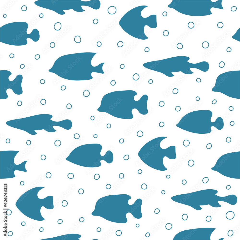 Seamless pattern of blue fish with bubbles on white background