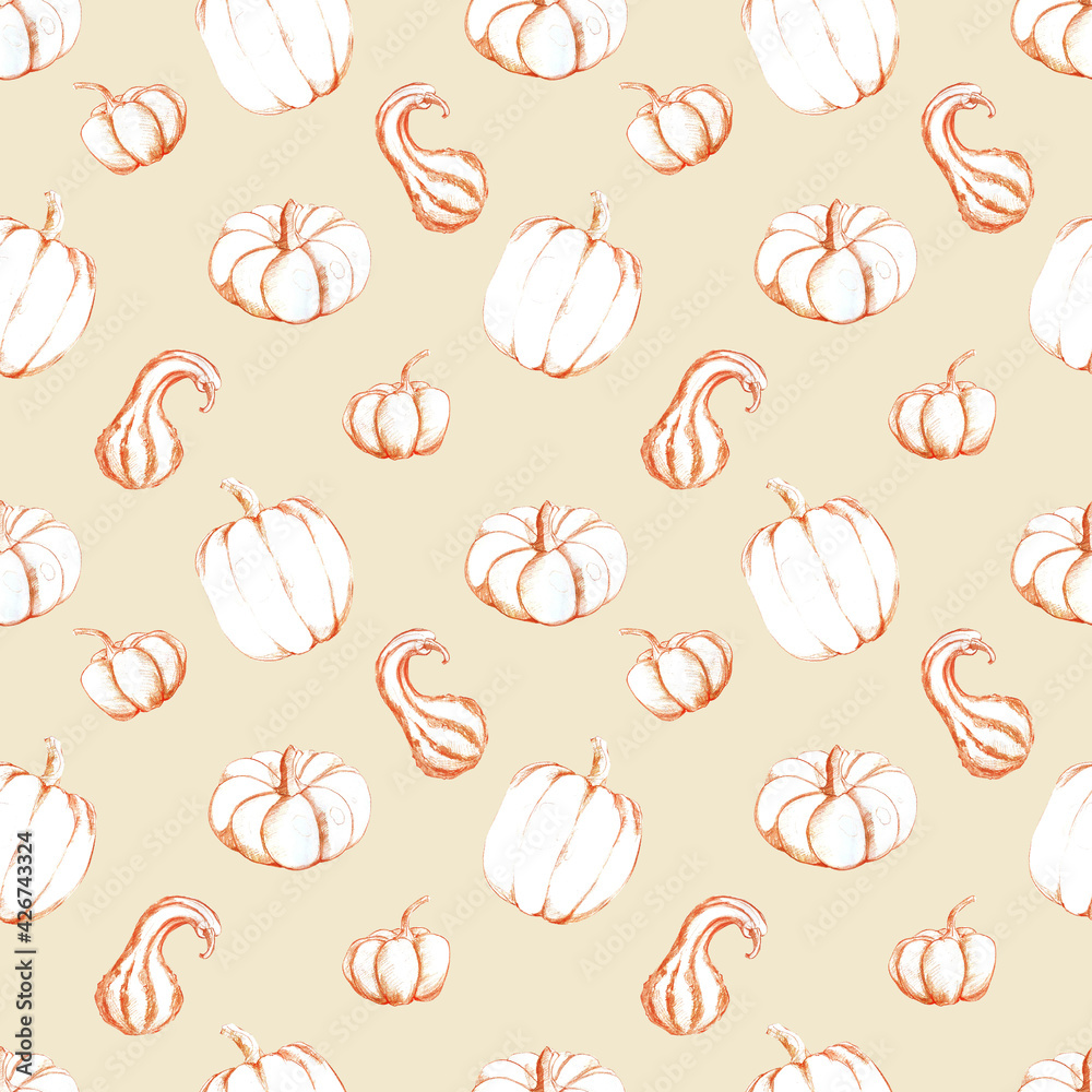 Hand drawn watercolour pumpkins. Seamless pattern isolated on white background. Hand drawn watercolour pumpkins. Seamless pattern isolated on white background.