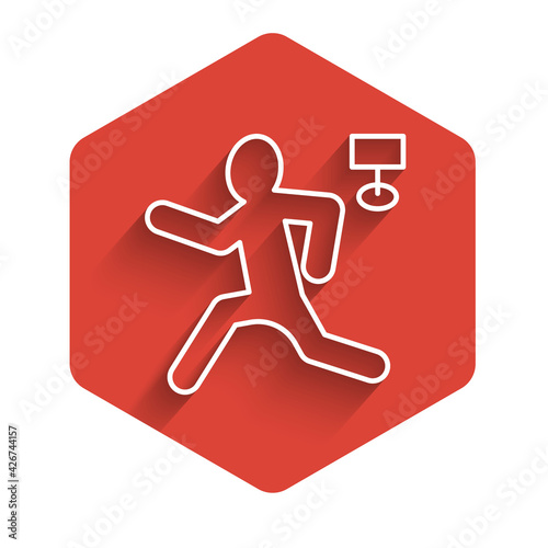 White line Murder icon isolated with long shadow. Body, bleeding, corpse, bleeding icon. Concept of crime scene. Red hexagon button. Vector