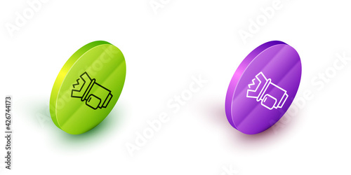 Isometric line Police electric shocker icon isolated on white background. Shocker for protection. Taser is an electric weapon. Green and purple circle buttons. Vector