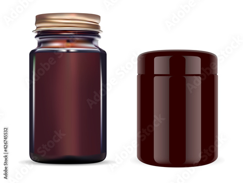 Amber glass bottle. Brown cosmetic jar. Supplement pill packaging, 3d blank design. Powder flask template, pharmacy vial mockup. Modern realistic vitamin pill jar, glossy pharmaceutical package