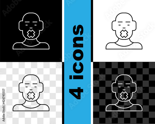 Set line Head of deaf and dumb guy icon isolated on black and white, transparent background. Dumbness sign. Disability concept. Vector