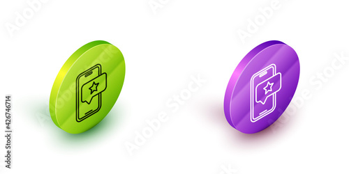 Isometric line Mobile phone with review rating icon isolated on white background. Concept of testimonials messages, notifications, feedback. Green and purple circle buttons. Vector