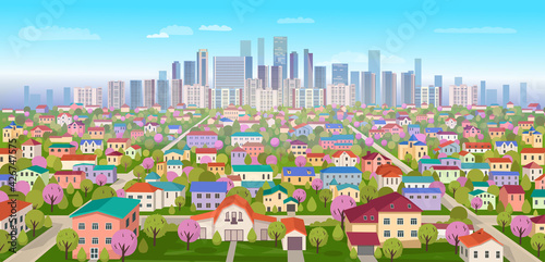  Suburban landscape.View of high-rise buildings and countryside.Cartoon vector illustration