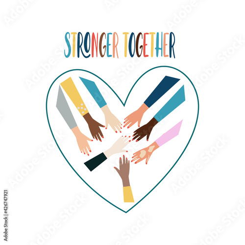 Stronger together. Women's hands of different ethnic groups, as well as albino women and women with vitiligo create a heart shape. The heart shape reflects the unity, peace and love.