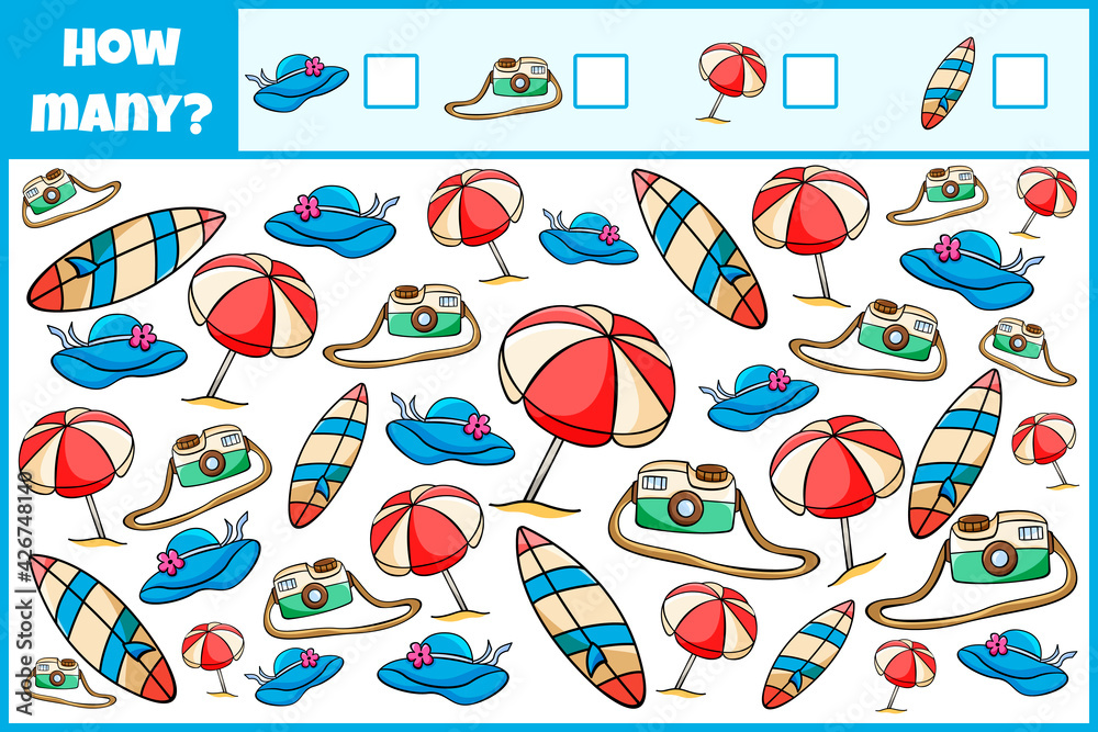 Naklejka premium Educational mathematical game. Count the number of beach accessories. Count how many beach accessories. Counting game for children.
