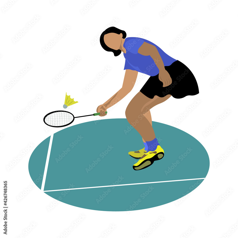 Obraz premium The badminton player on the playing court beats the shuttlecock from below.
